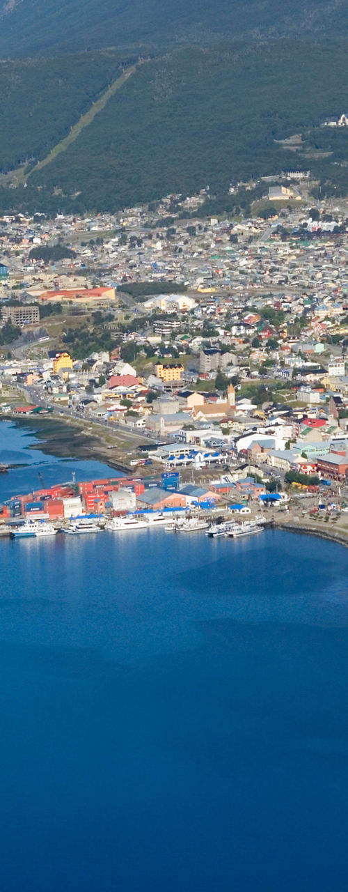 Aerial view of Ushuaia port and mountains
