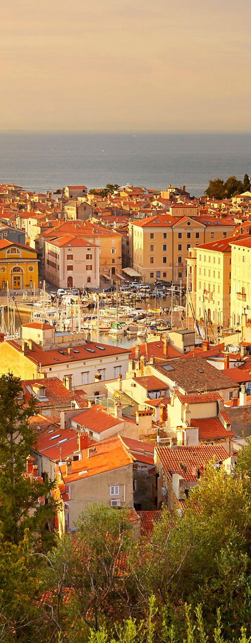 Scenic coastal town at sunset