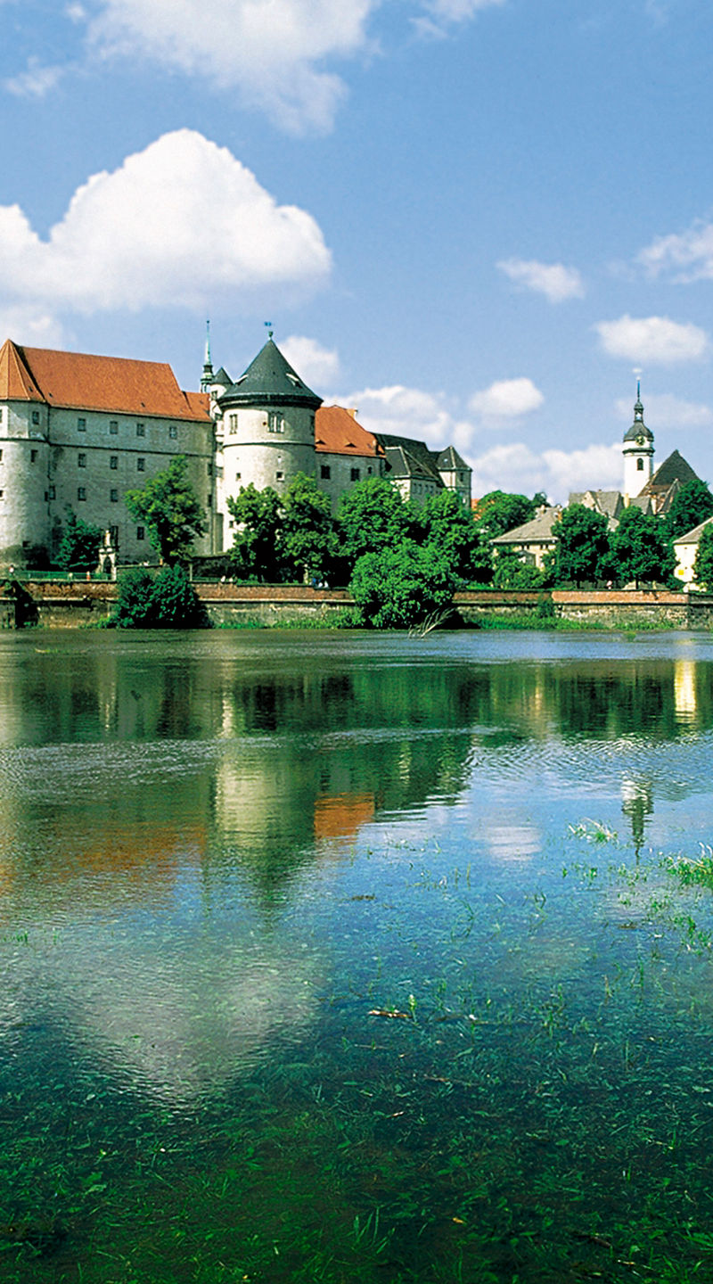 Historic castle by serene riverside landscape