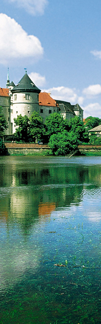 Historic castle by serene riverside landscape