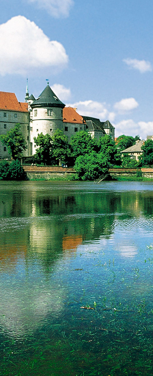 Historic castle by serene riverside landscape