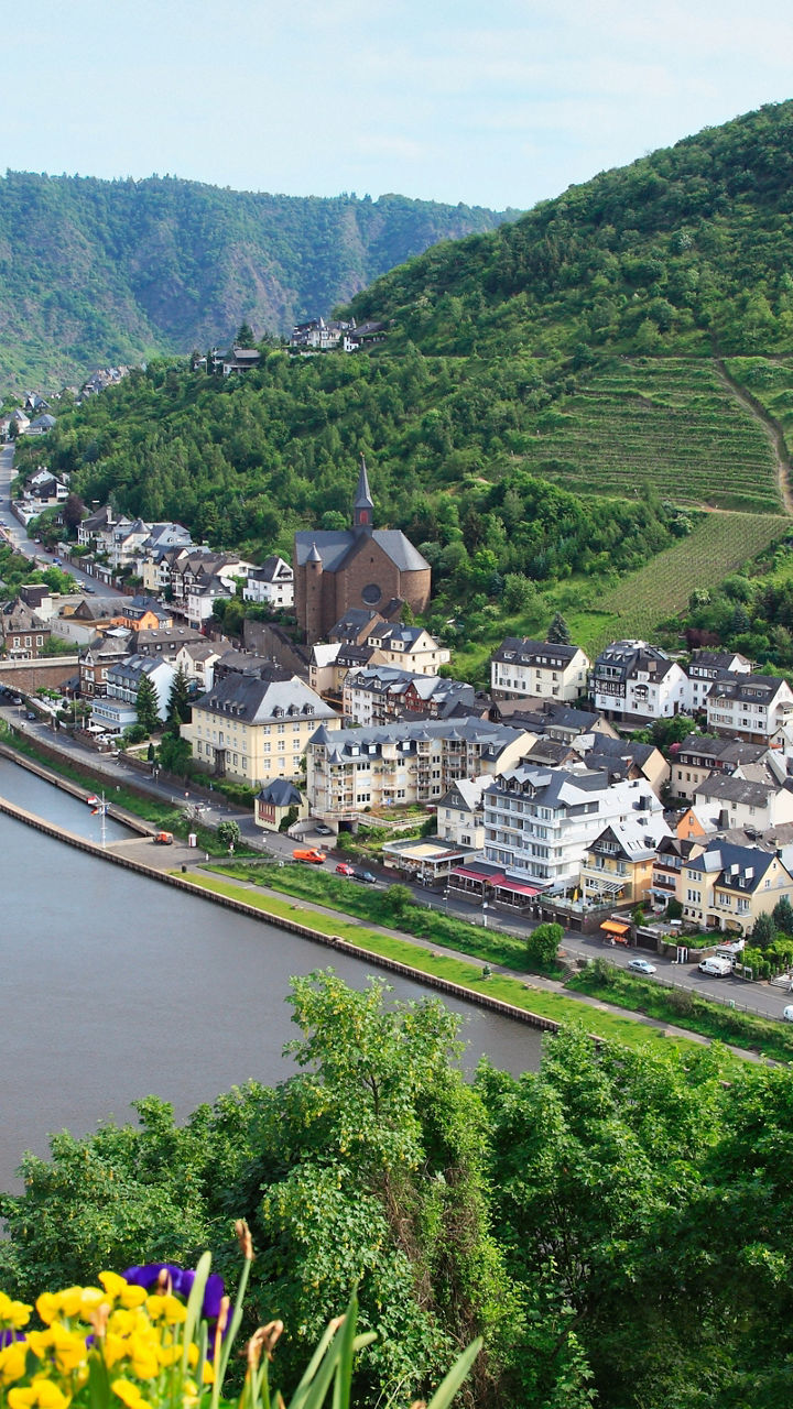 Scenic view of German town and statue