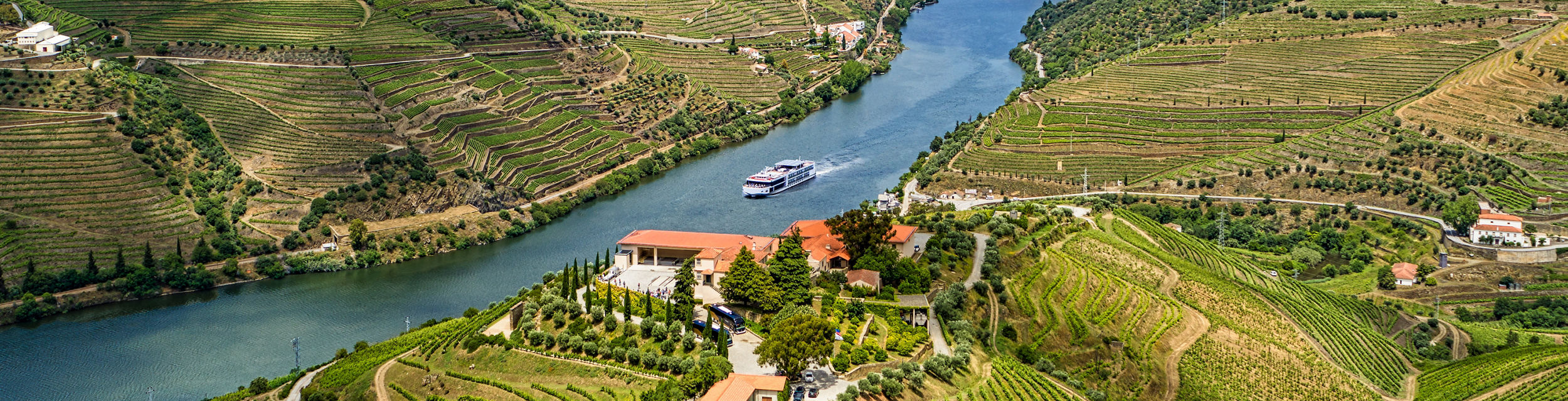 Aerial View of River Valley with Vineyards and Boat