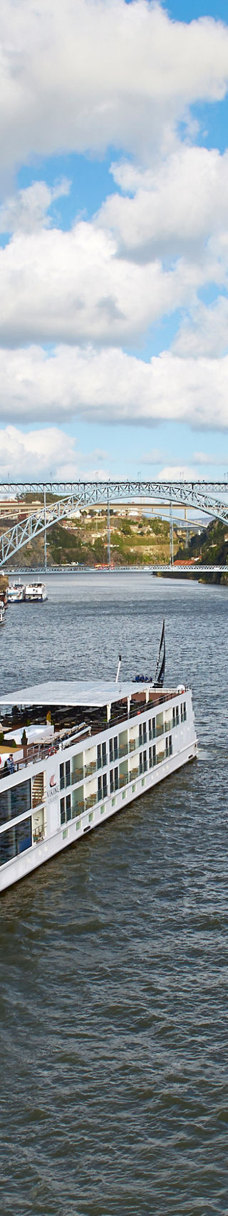 River cruise ship on scenic European waterway