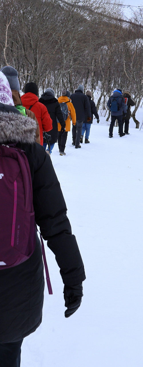 Group hiking through snowy winter landscape