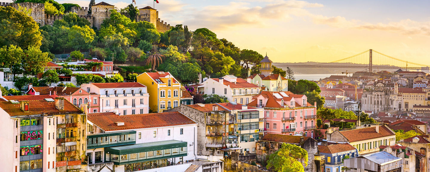 Lisbon cityscape with castle and bridge view