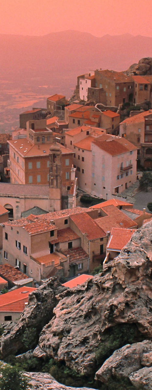 Scenic hilltop village at sunset