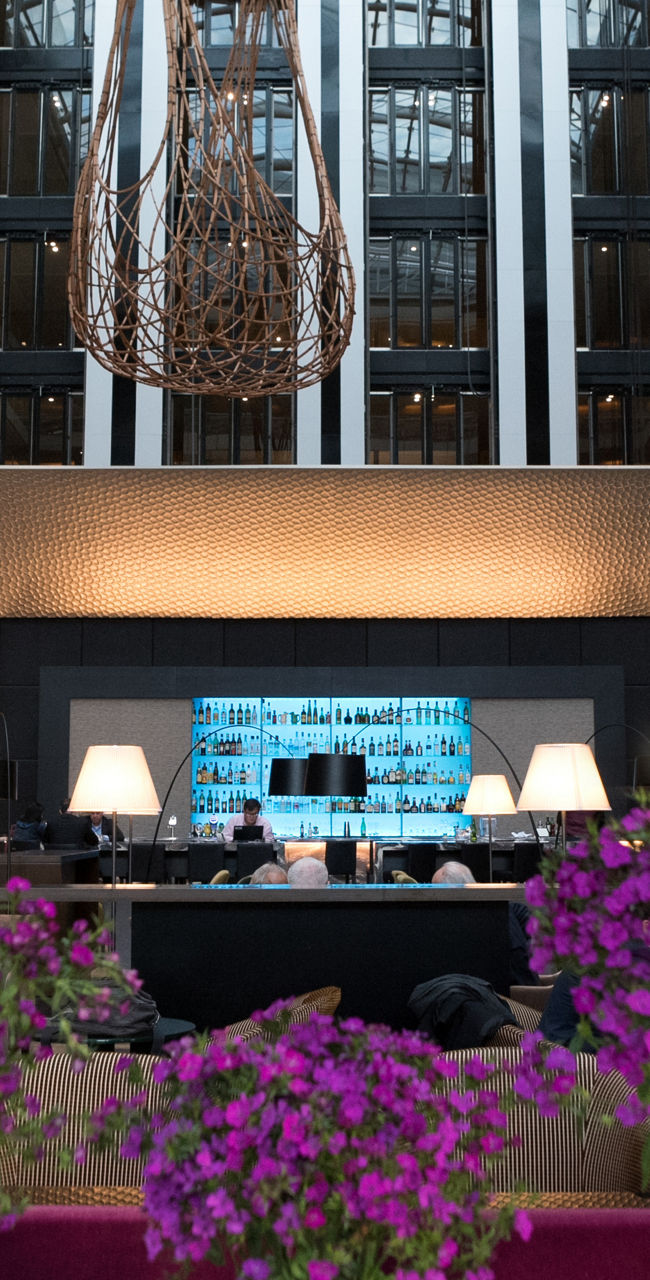 Modern hotel atrium with vibrant decor