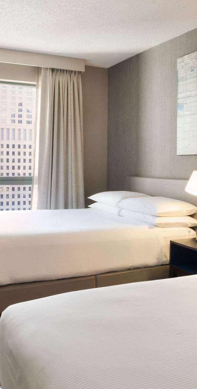 Modern hotel room with city view