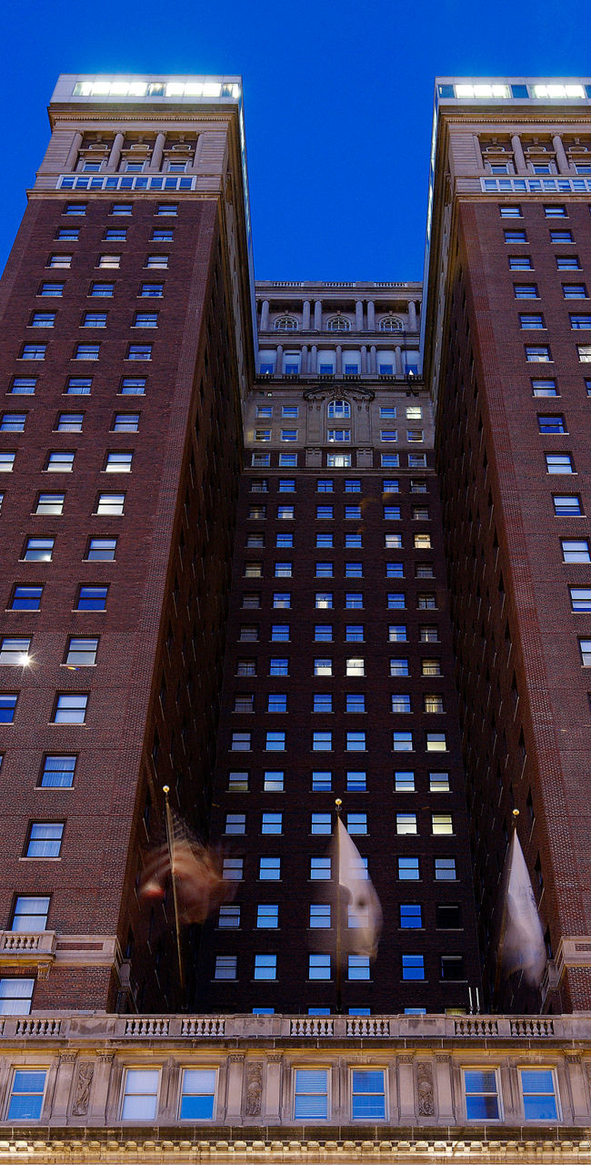 Historic hotel building at dusk