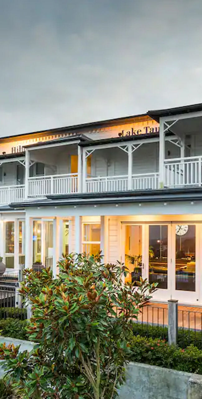 Modern coastal hotel with warm lighting