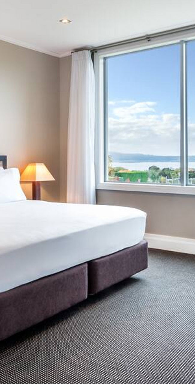 Modern hotel room with scenic window view
