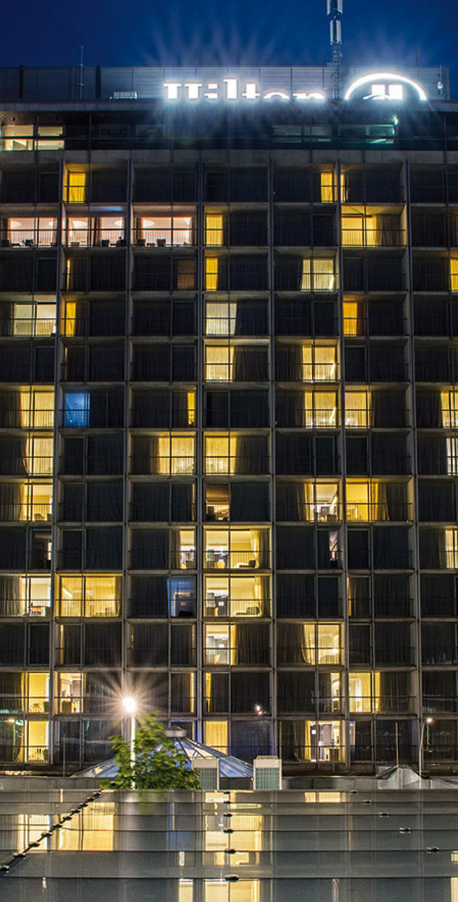 Hilton hotel exterior at night