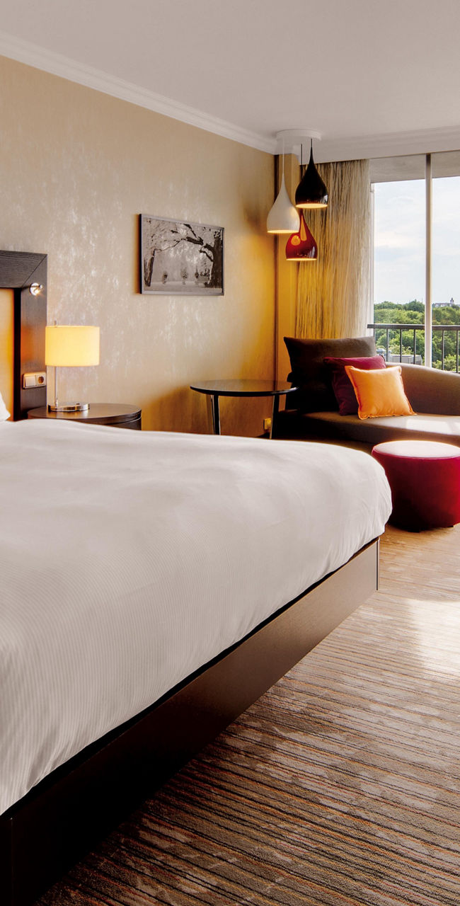 Modern hotel room with scenic view
