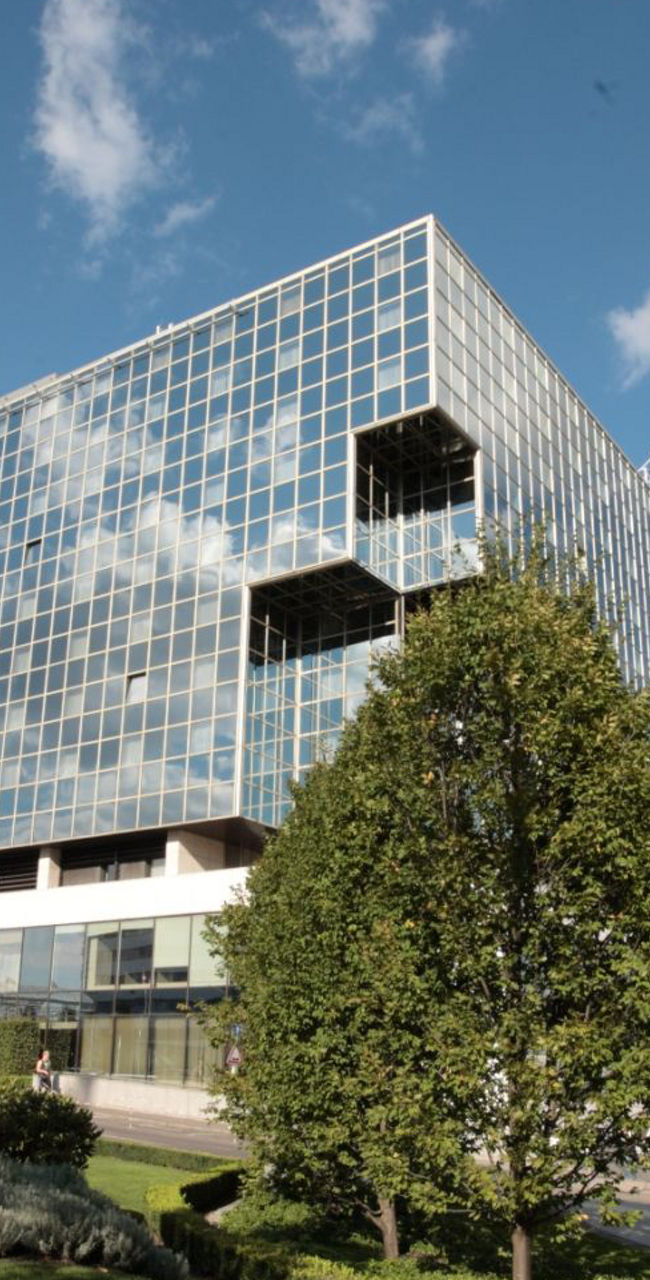 Modern glass building with lush greenery