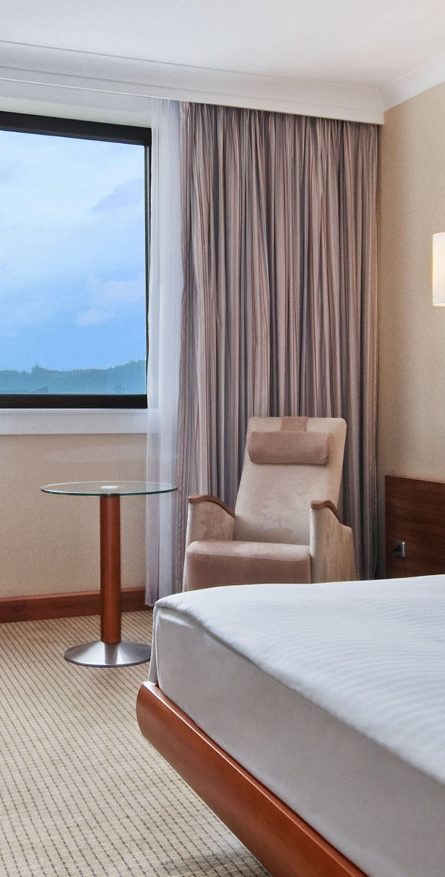 Modern hotel room with workspace and view