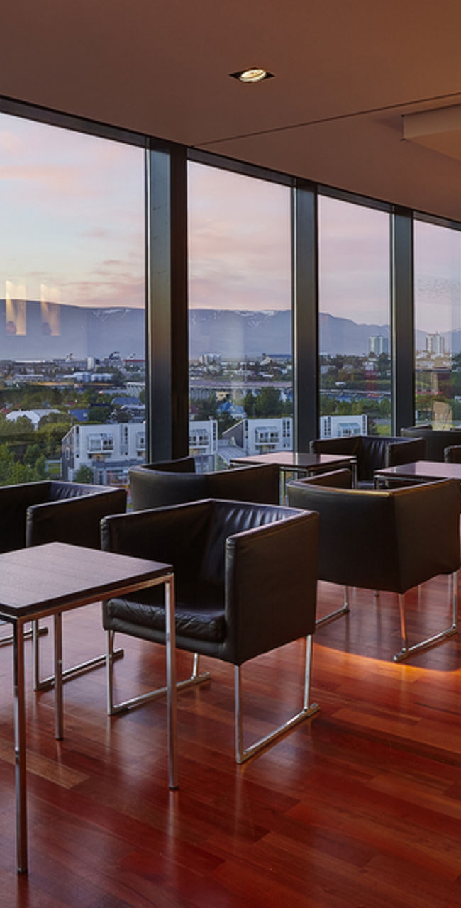 Modern lounge with panoramic city views
