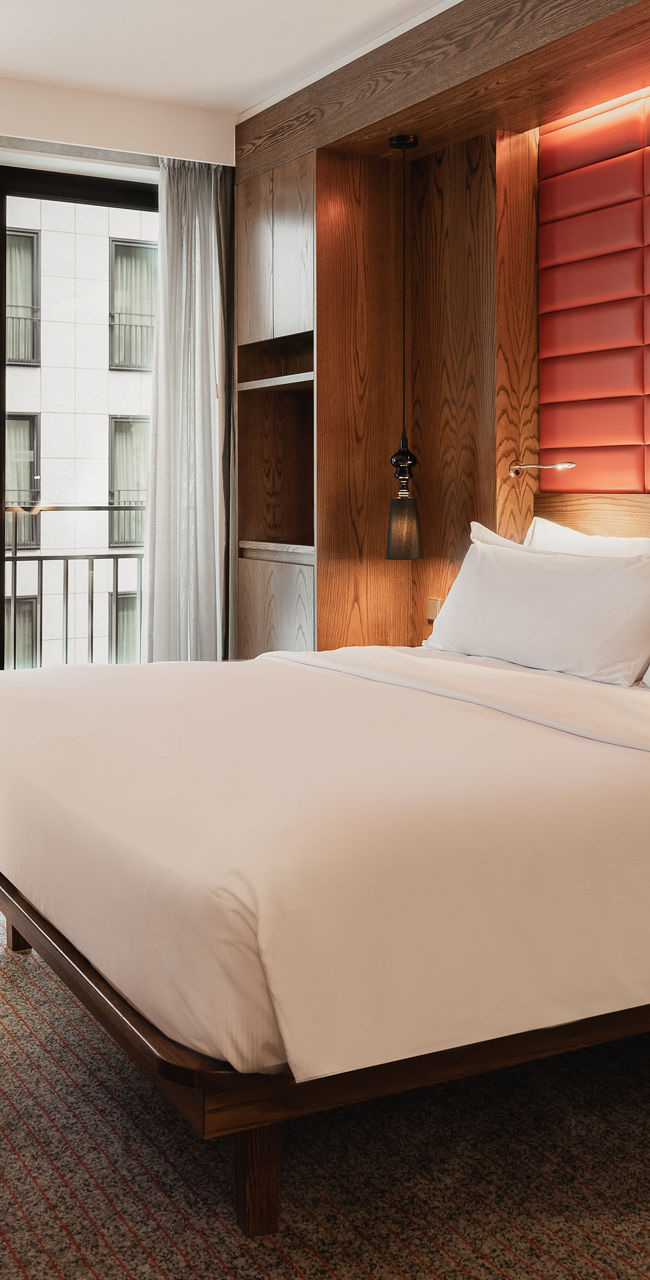 Modern hotel room with cozy lighting