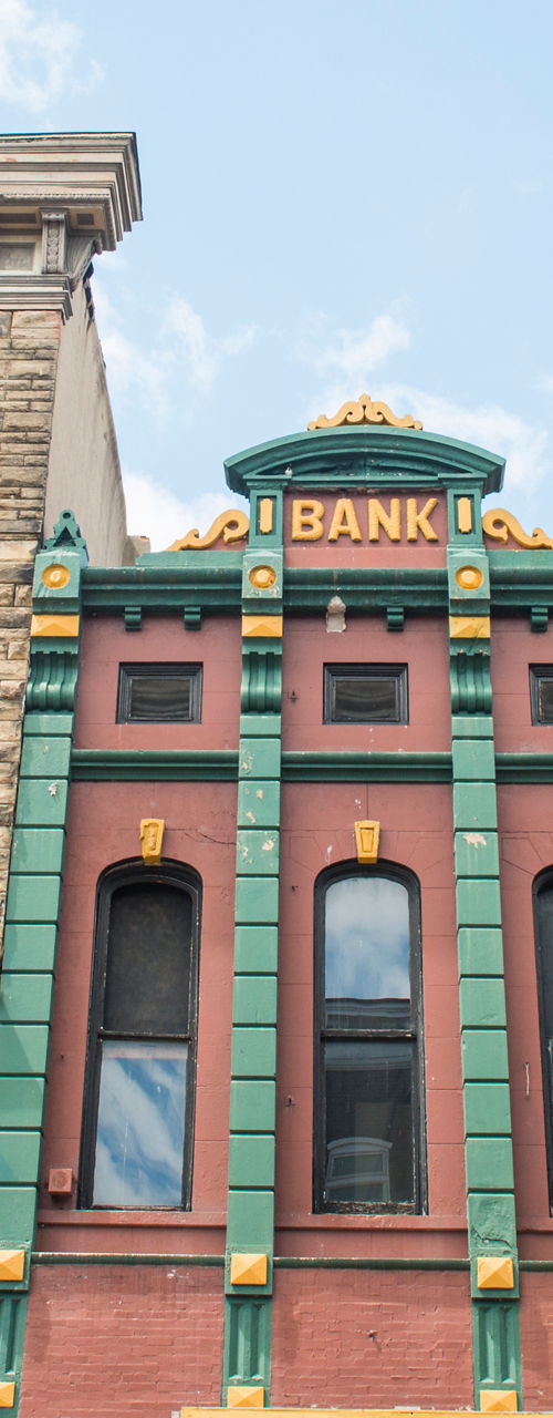 Historic bank building with colorful facade