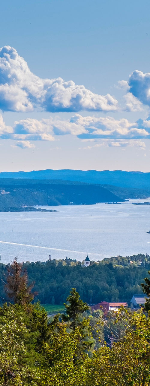 Scenic view of Oslofjord with lush greenery