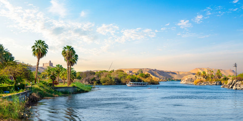 Scenic Nile River with lush palm trees