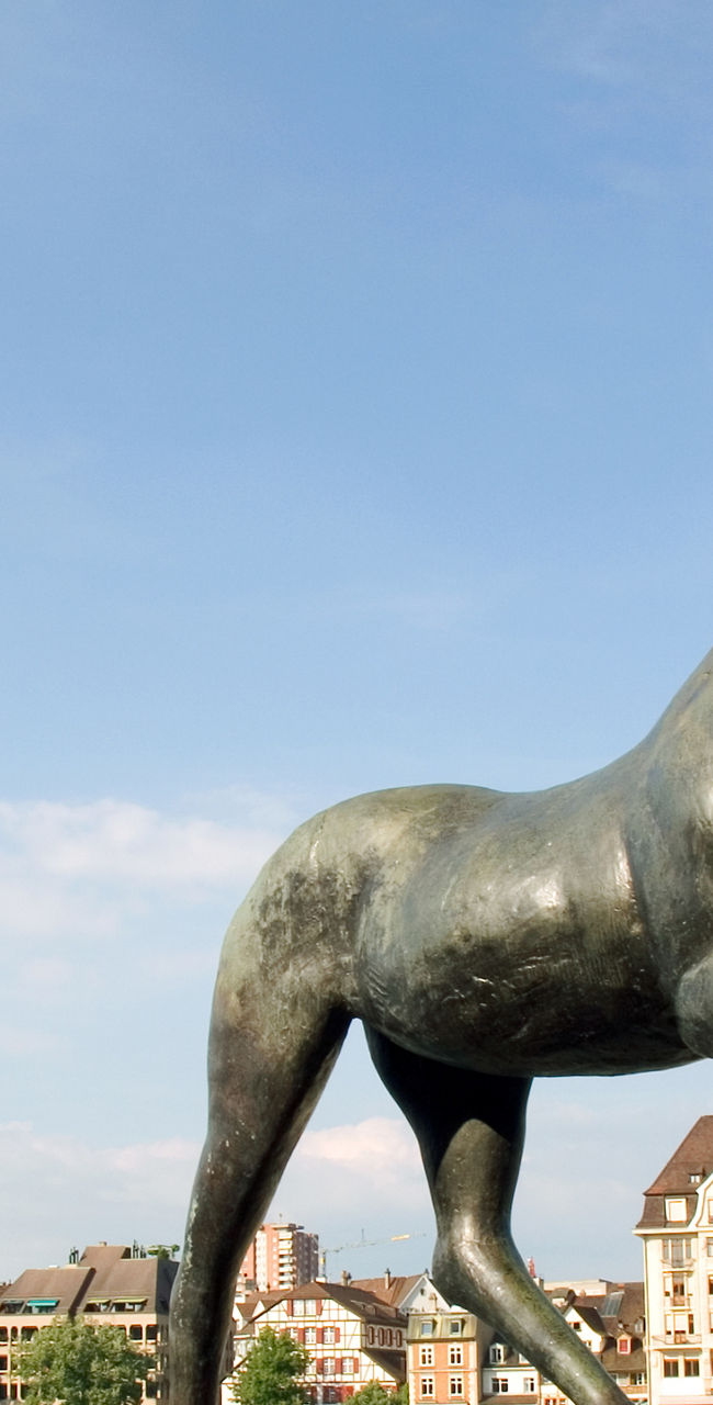 Bronze statue of horse and woman outdoors