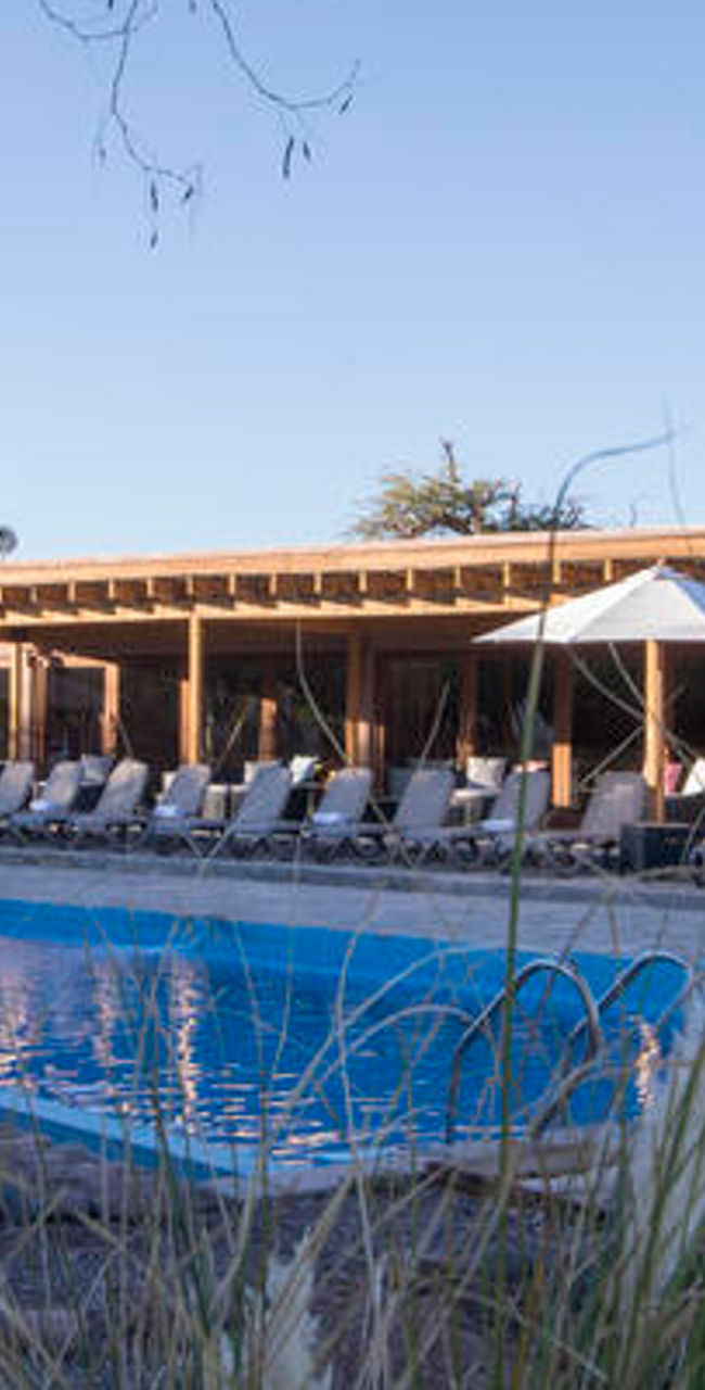 Outdoor pool with lounge chairs and umbrellas