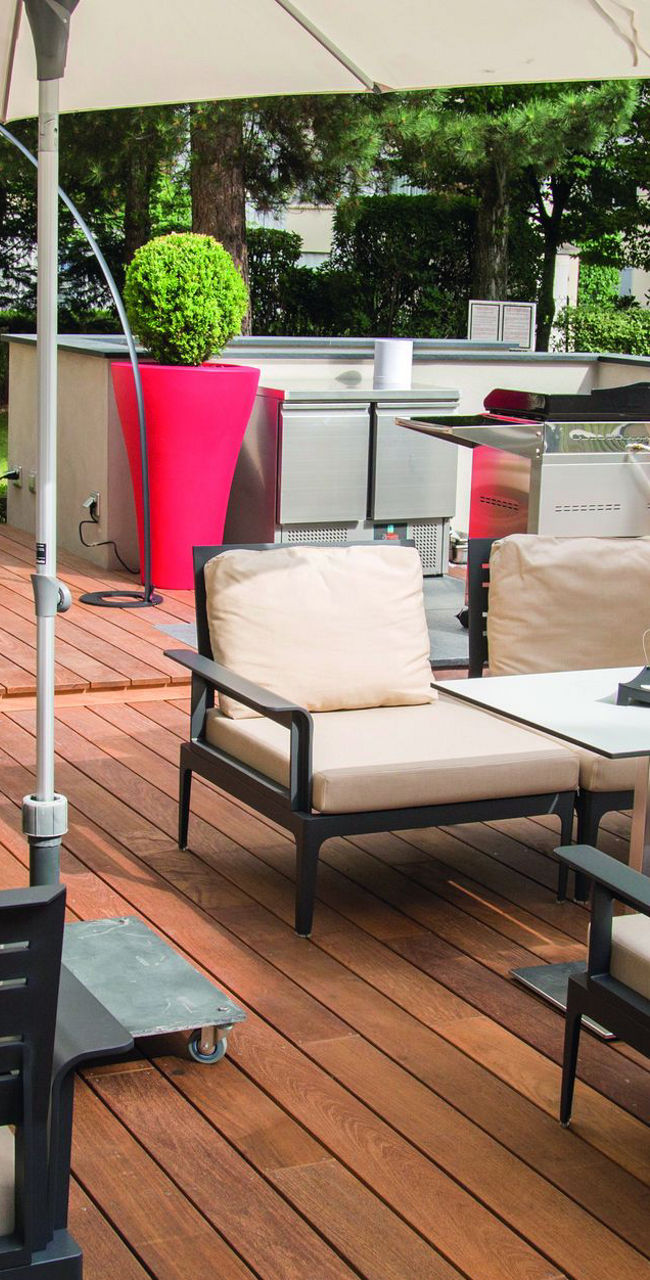 Outdoor patio with modern furniture
