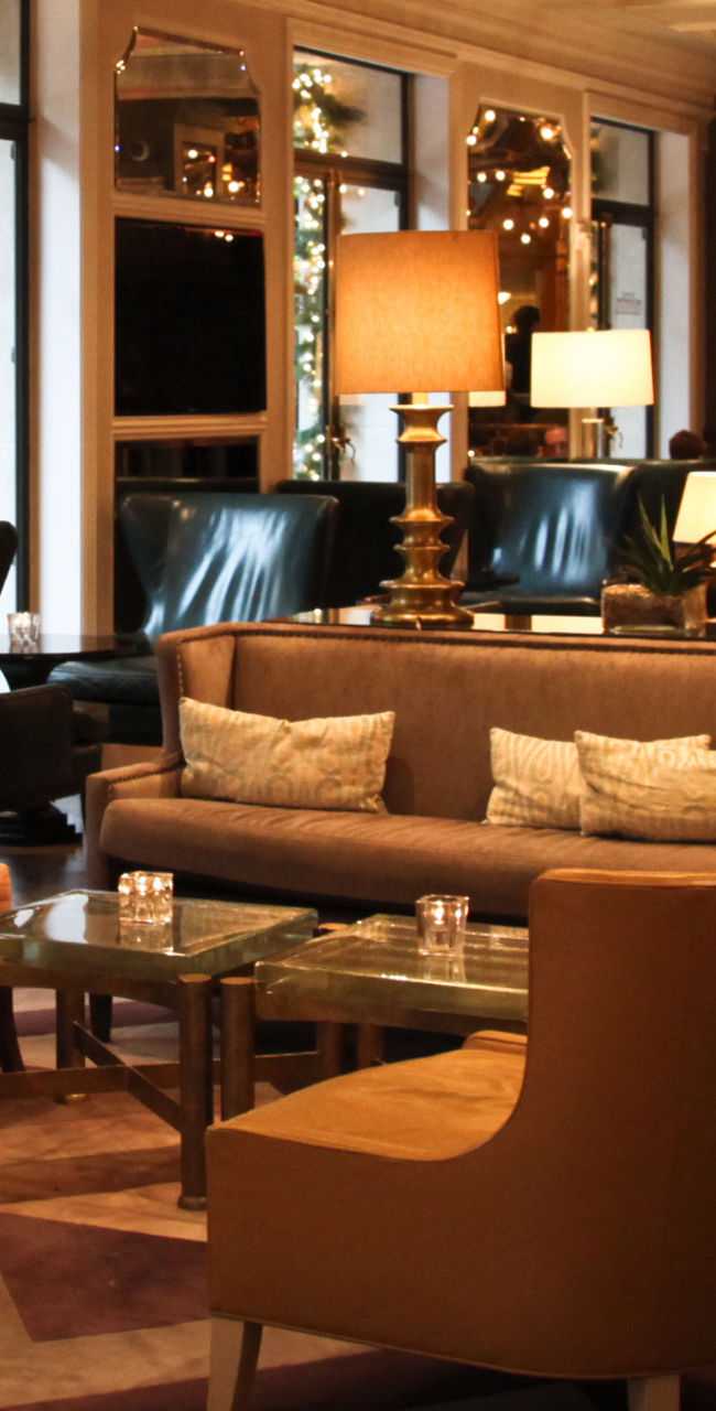 Elegant hotel lounge with festive decor