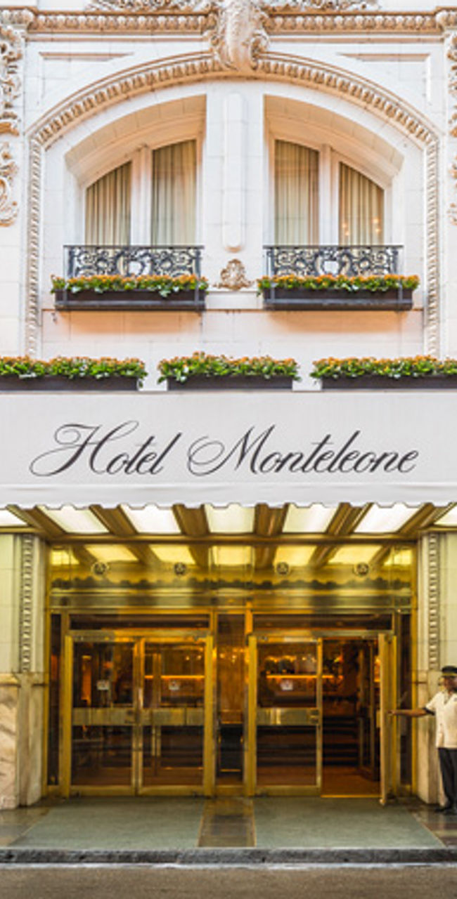 Elegant Hotel Monteleone entrance with flags