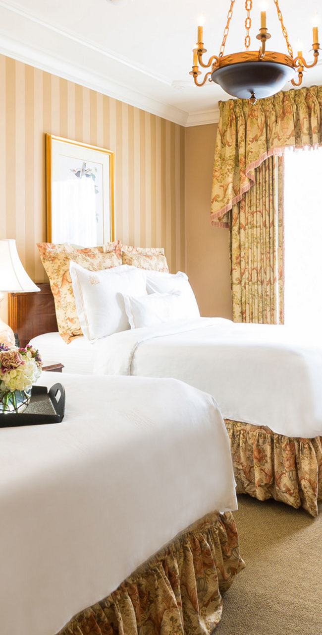 Elegant hotel room with twin beds and decor