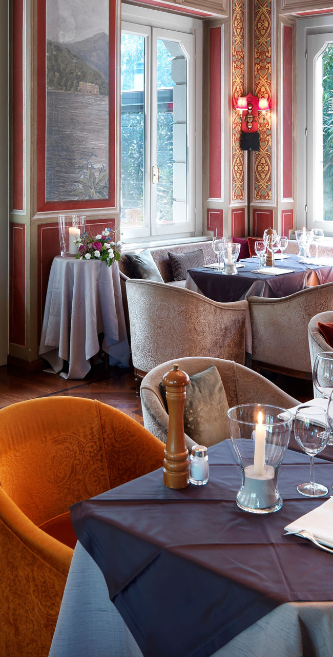 Elegant restaurant with vibrant chandelier lighting