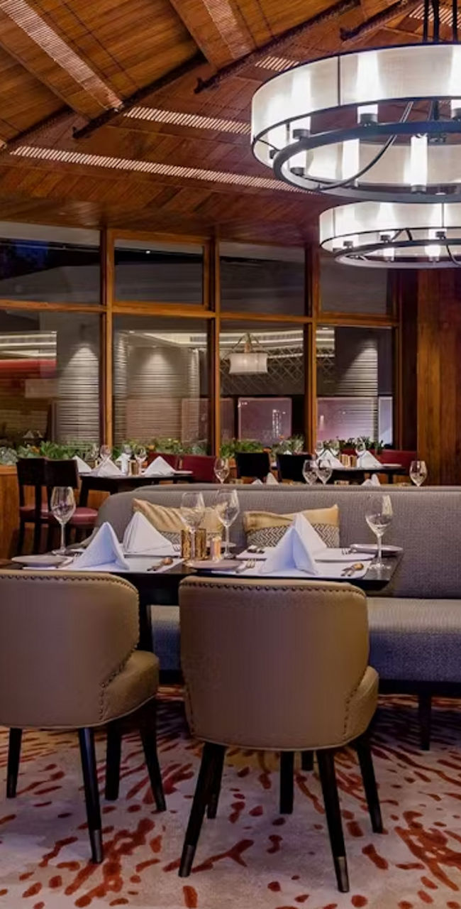 Elegant Restaurant Interior with Wooden Ceiling
