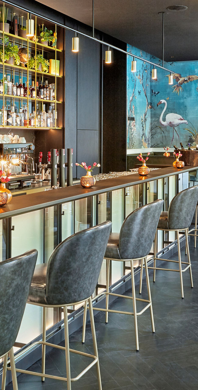 Modern bar interior with vibrant decor