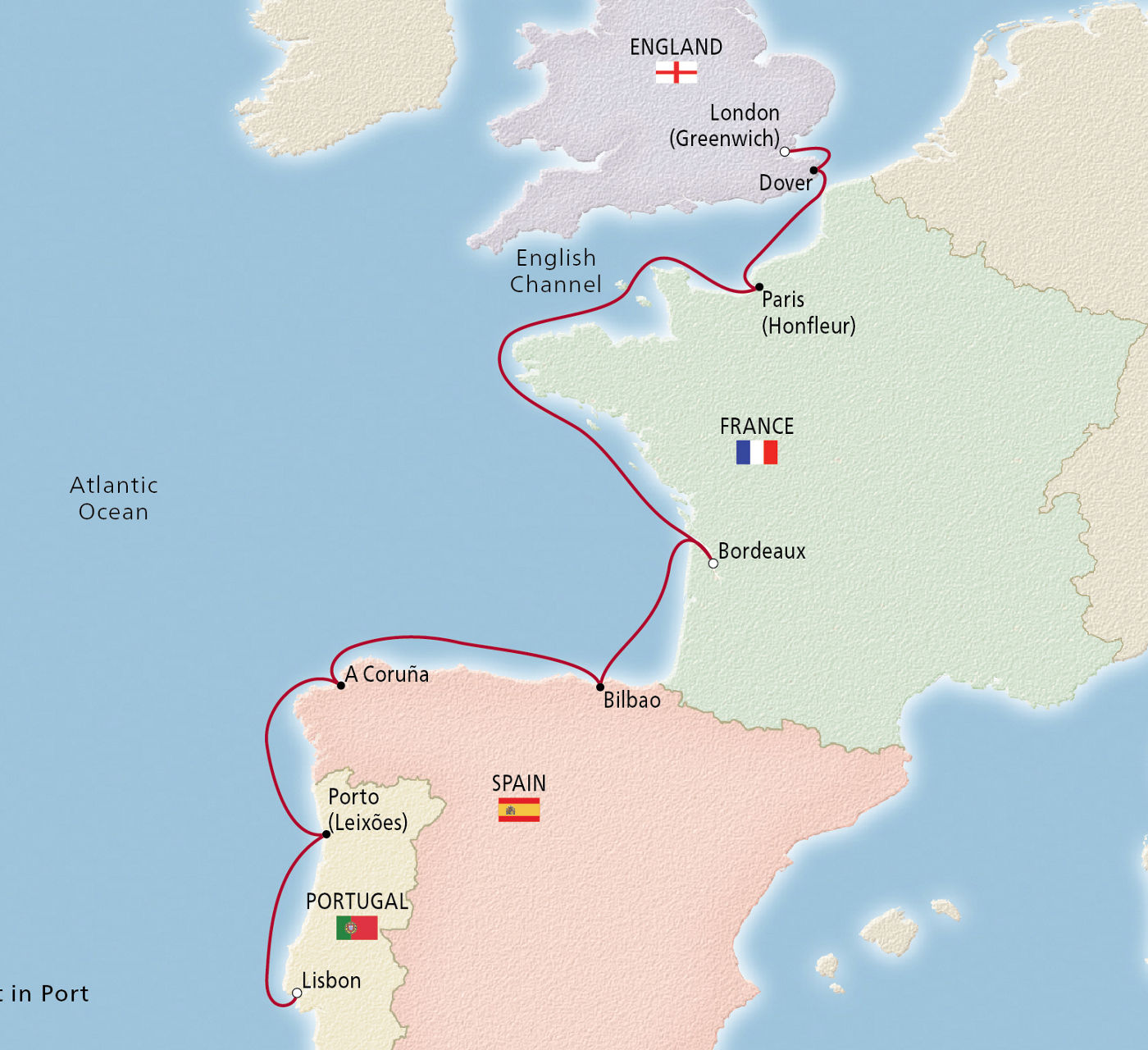 Map of Iberia, France & England Explorer itinerary