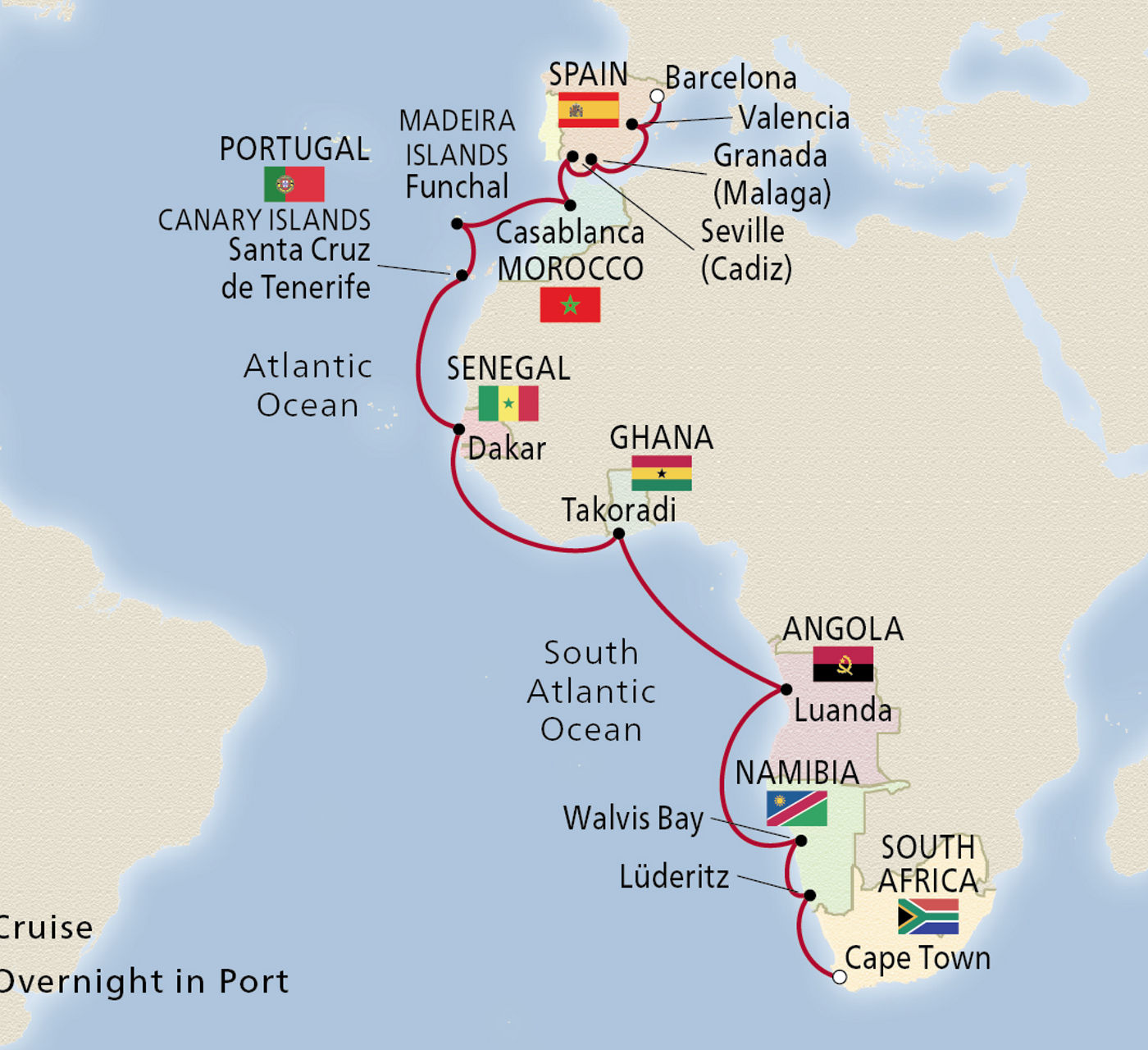 Map of Iberia & Africa's Atlantic Coast itinerary