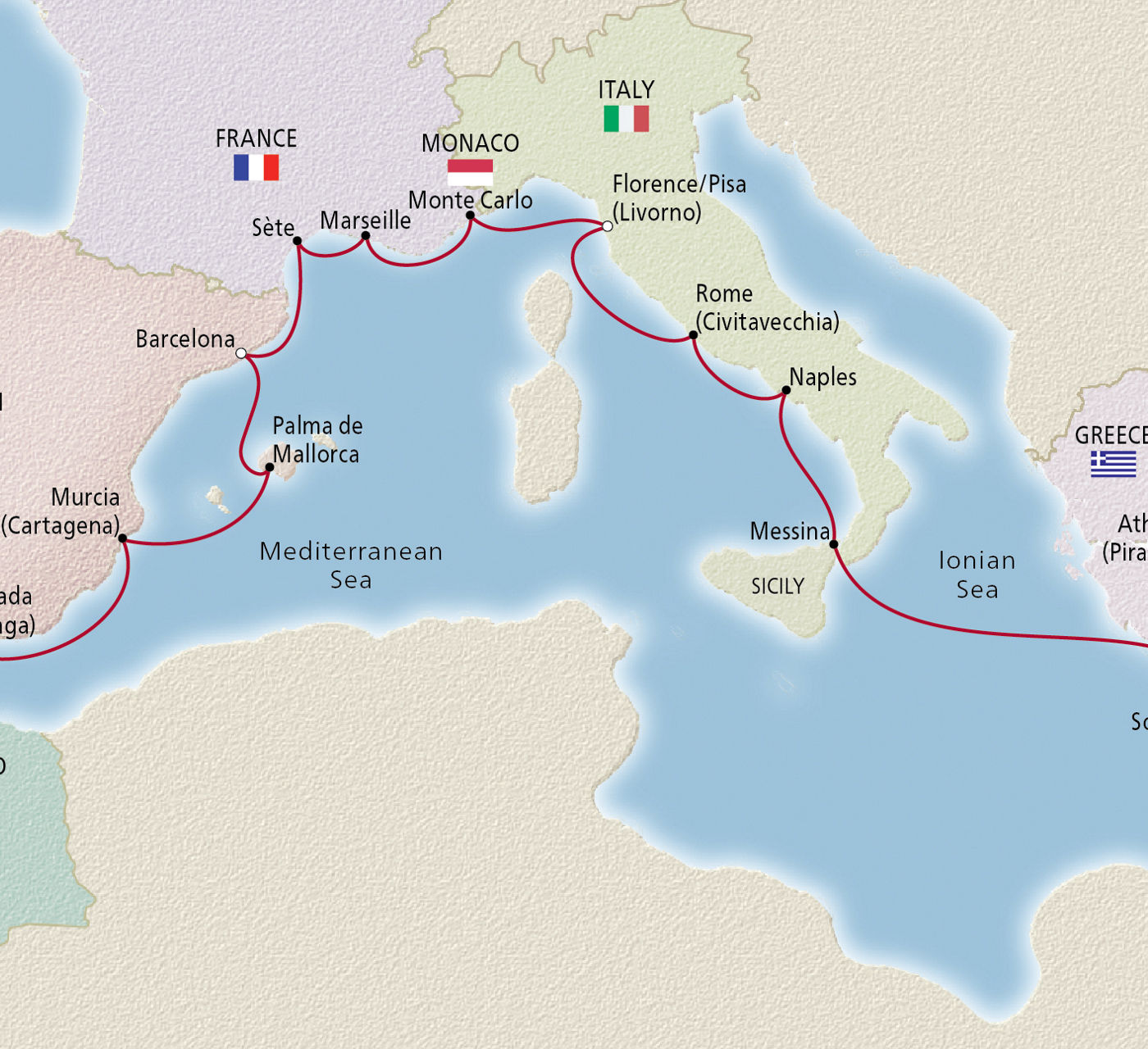 Map of Iberia, the Mediterranean & Aegean itinerary