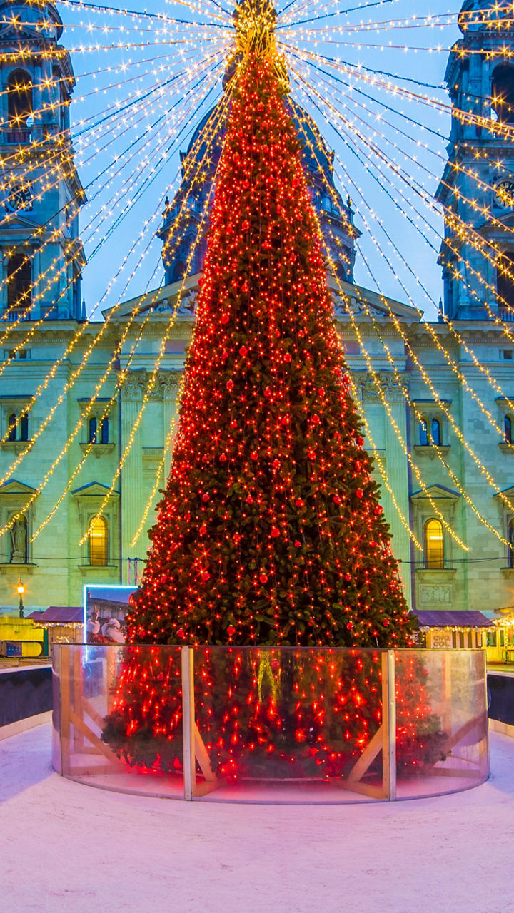 Festive Christmas tree in urban square