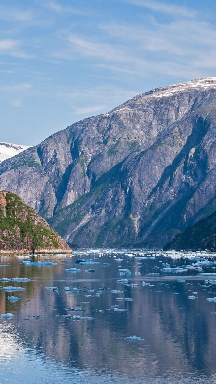 Serene Fjord with Floating Ice and Snowy Peaks