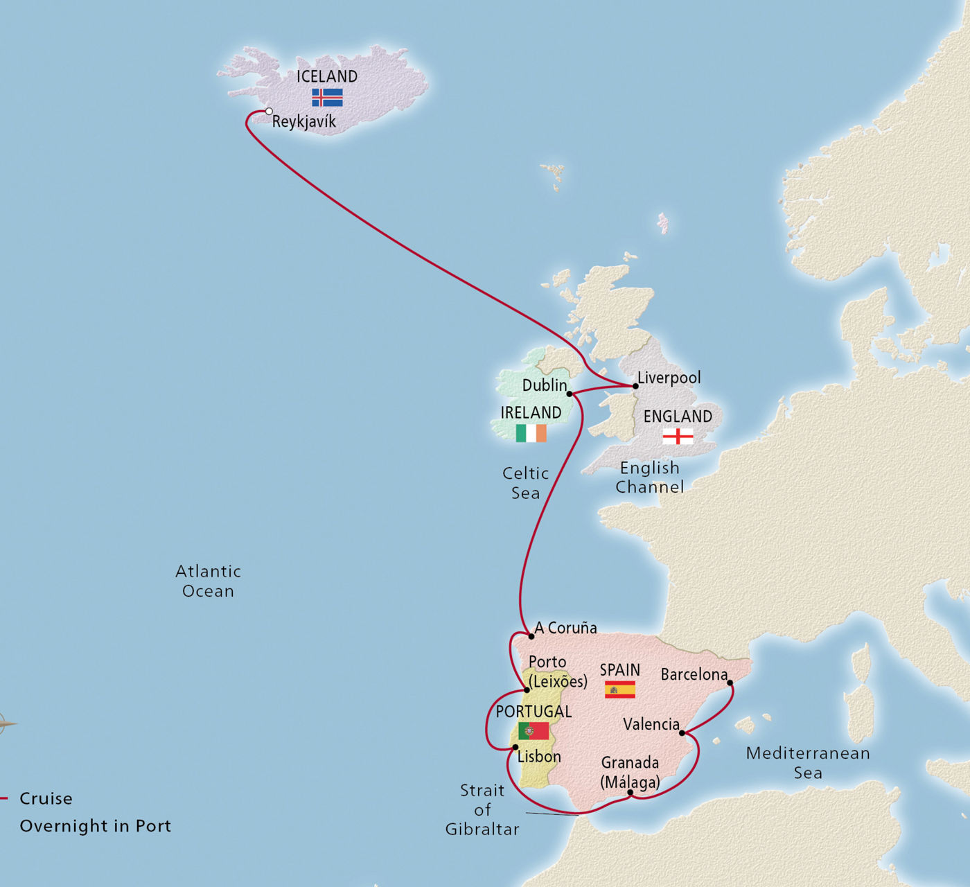 Map of Iceland, British Isles & Iberia itinerary
