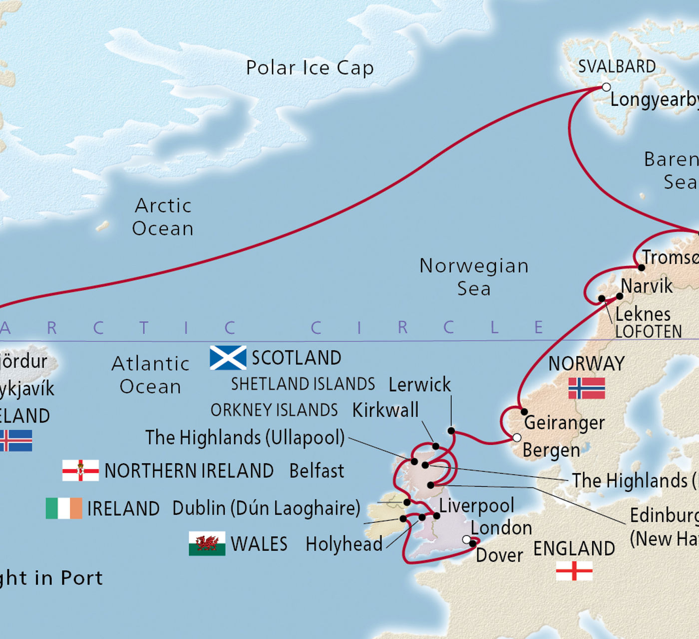 Map of Iceland, Norway & British Isles itinerary