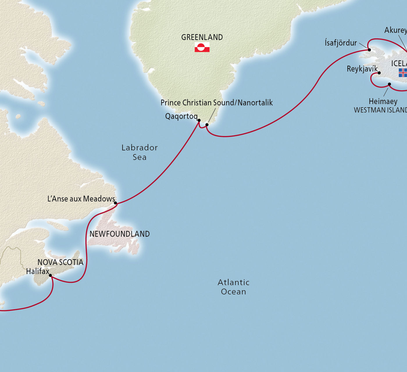 Map of Iconic Iceland, Greenland & Canada itinerary