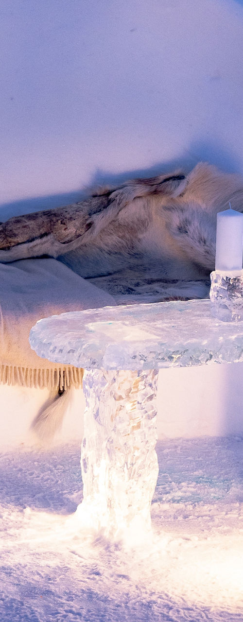Cozy ice lounge with fur accents