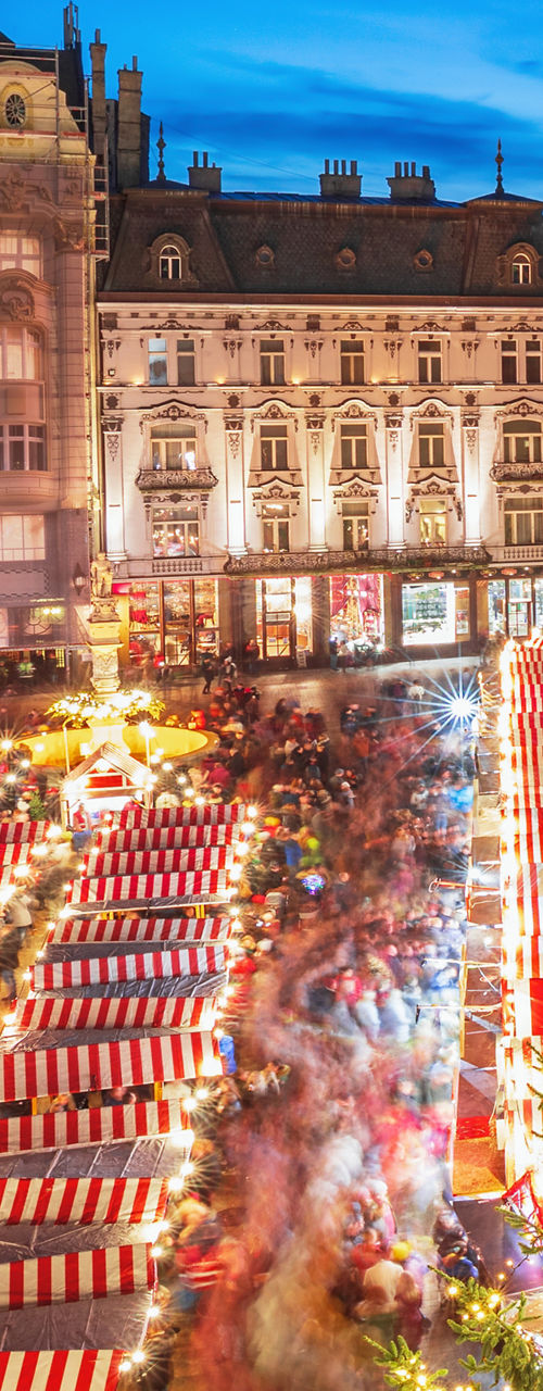 Festive Christmas market in European city square