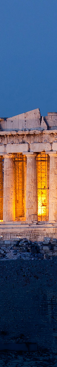 Illuminated Parthenon at dusk in Athens