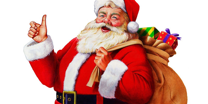 Santa Claus with gift sack and thumbs up