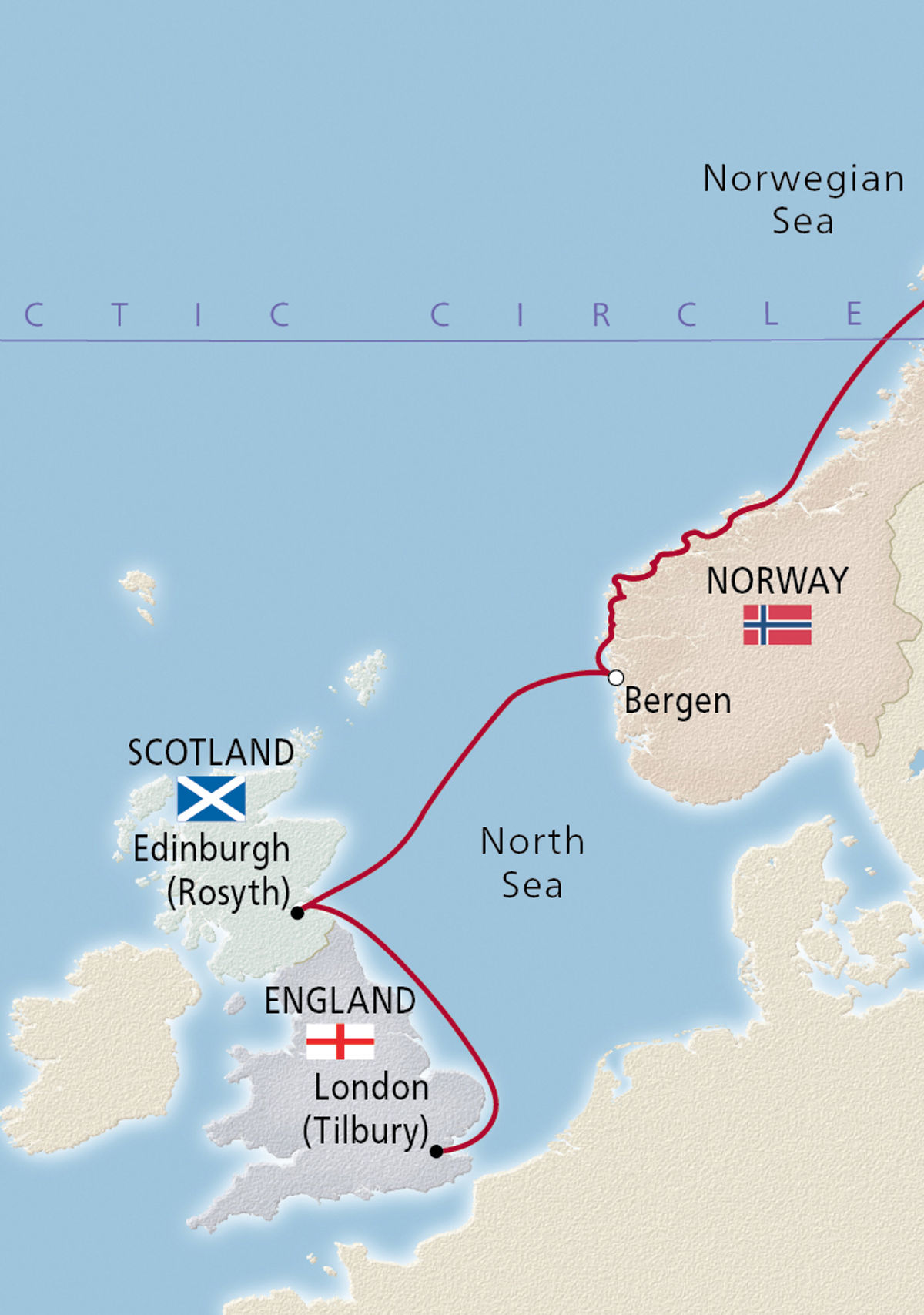 map of british isles and scandinavia that depicts sailing route between london and tromso across the north and norwegian seas.