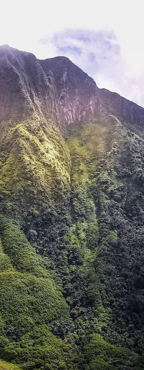 Lush volcanic mountain under cloudy sky