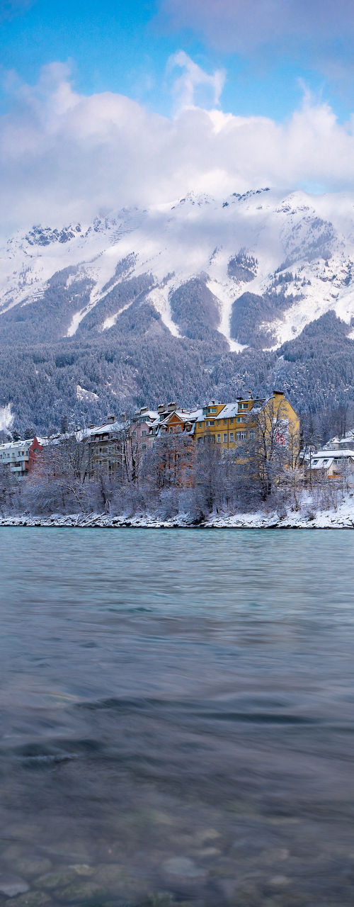 Snowy mountain landscape with river view
