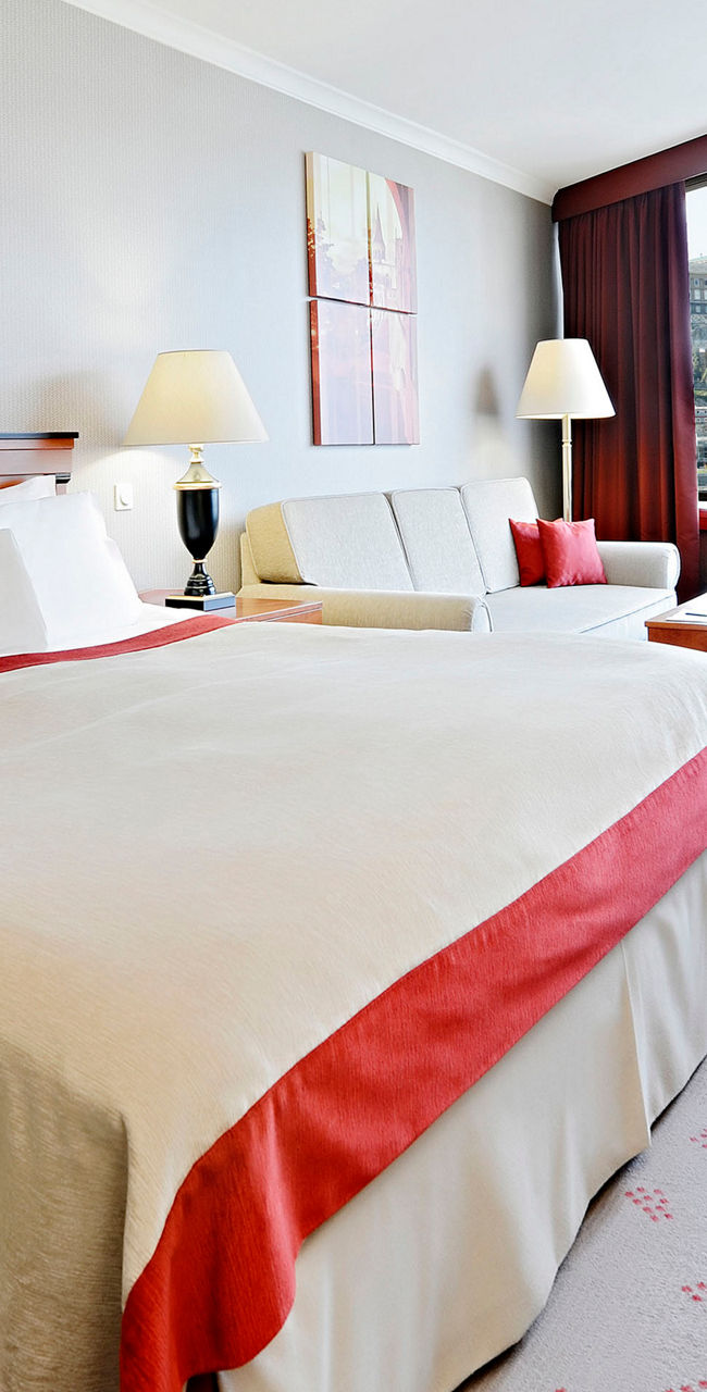 Modern hotel room with city view